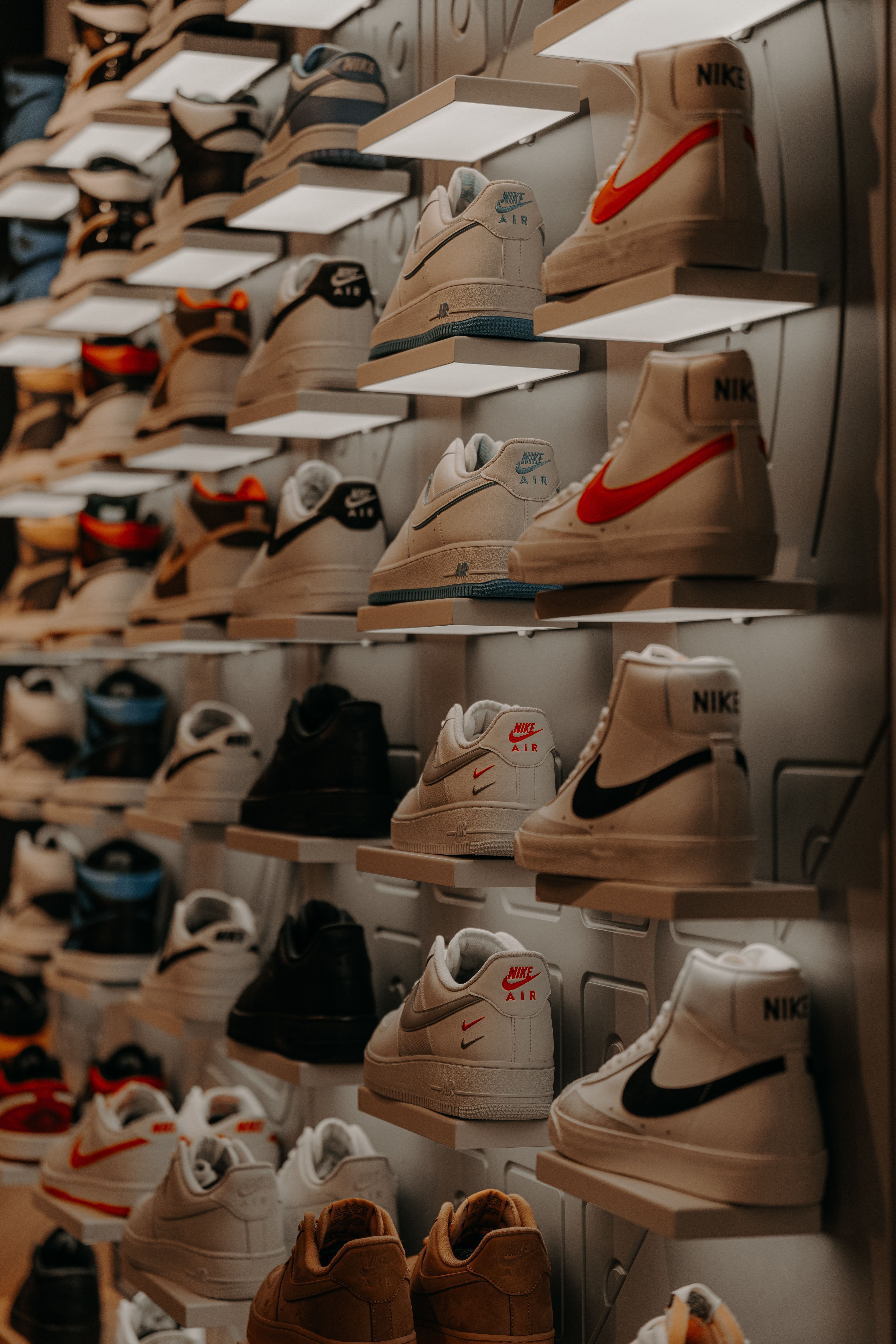 Sneaker display featuring Jordan-style shoes